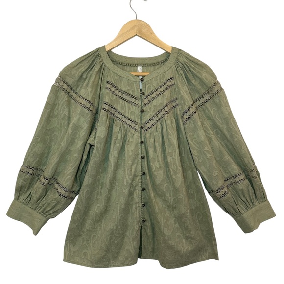 Anthropologie Top Blouse Women's S Harmony Sage Lace Peasant Cottage Feminine - Picture 2 of 15